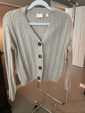 Cyrus Cable Knit V-Neck Cardigan in Light Taupe
